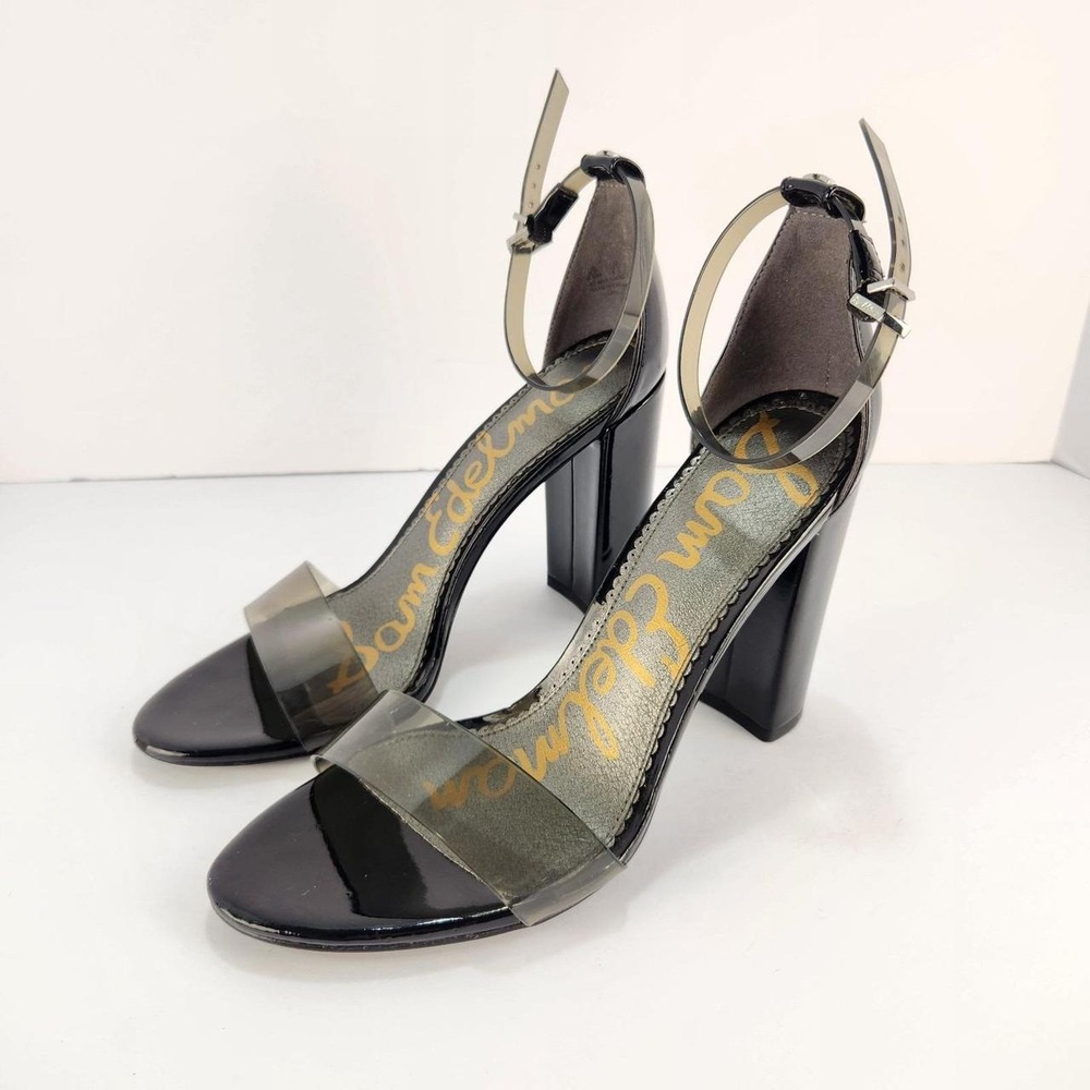 Sam Edelman Women's Size 8.5 Black Patent Clear Strap Block Heel Ankle Sandals